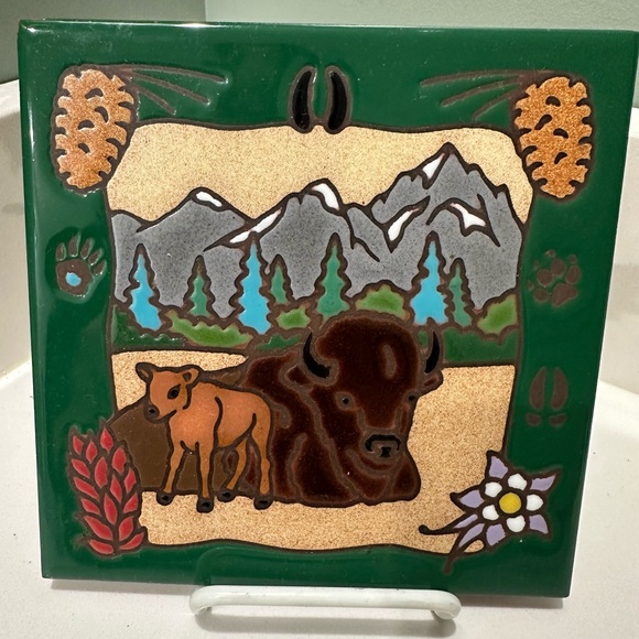 Vintage Masterworks Bison Mountain Scene Ceramic Tile Trivet Hand Painted USA - Picture 1 of 3